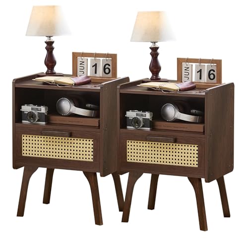 Lerliuo Rattan Nightstands Set of 2, Bedside Table with Drawer Open Shelf | Cane Accent Side End Table with Solid Wood Legs, Walnut Vintage Night Stand for Bedroom, Dorm and Small Spaces - color: Walnut, size: 2 pack