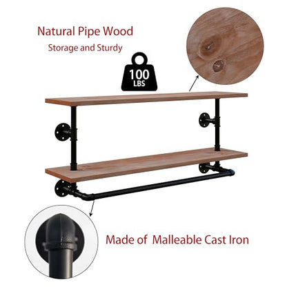 Clothes Rack 42in, 2 Tier Wall Mounted Garment Rack with Real Wood Shelf, Heavy Duty Hanging Clothes Rack, Multi-Purpose Hanging Rod, Space-Saving Closet Storage - color: Brown, size: 2T42IN