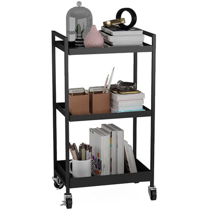 3-Tier Metal Utility Rolling Cart, Heavy Duty Multifunction Rectangular Cart with Lockable Casters, Easy to Assemble, Suitable for Office, Bathroom, Kitchen - Black - color: Black, size: 31.2"H