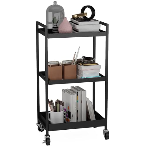 3-Tier Metal Utility Rolling Cart, Heavy Duty Multifunction Rectangular Cart with Lockable Casters, Easy to Assemble, Suitable for Office, Bathroom, Kitchen - Black - color: Black, size: 31.2"H