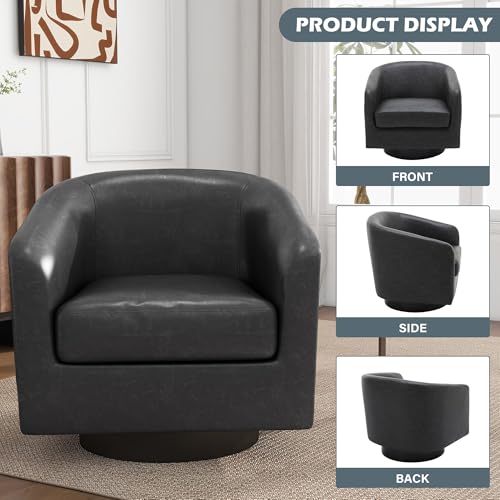 Swivel Accent Chair, PU Leather Upholstered Barrel Club Chair, Black | Modern Round Armchair | Comfy Reading Seat with Removable Cushion | For Living Room, Bedroom, Office - color: Black