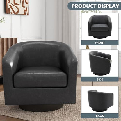 Swivel Accent Chair, PU Leather Upholstered Barrel Club Chair, Black | Modern Round Armchair | Comfy Reading Seat with Removable Cushion | For Living Room, Bedroom, Office - color: Black