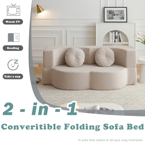 76" Convertible Folding Futon Sofa Bed, Queen Sleeper Sofa with Pillow, Teddy Floor & Futon Loveseat Couch, Foam Folding Mattress Sleeper for Living Room, Guest Use, Apartment, No Assembly (Beige) - color: Beige