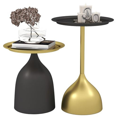 Benkyo Black and Gold Nesting Tables Pedestal Coffee Table Set of 2 Round Side Tables Metal End Table Small Circle Modern Sofa Table for Living Room - color: Black and Gold
