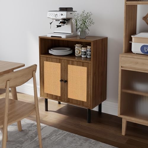 Rattan Storage Cabinet, Boho Accent Cabinet with Double Doors | Small Freestanding Sideboard for Hallway, Laundry Room,Kitchen, Dining Room, Entryway (Walnut) - color: Walnut