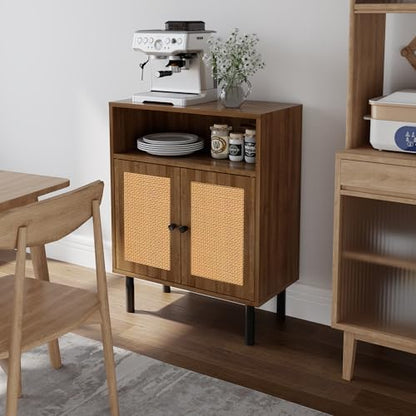Rattan Storage Cabinet, Boho Accent Cabinet with Double Doors | Small Freestanding Sideboard for Hallway, Laundry Room,Kitchen, Dining Room, Entryway (Walnut) - color: Walnut