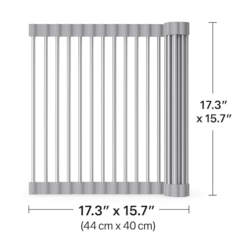 Over Sink Dish Dryng Rack - Roll Up Stainless Stell & Silicone Drying mat, Heat Resistant, Non-Slip & Foldable, Space Saving Kitchen Organizer (17.3"x 15.7") - color: Gray