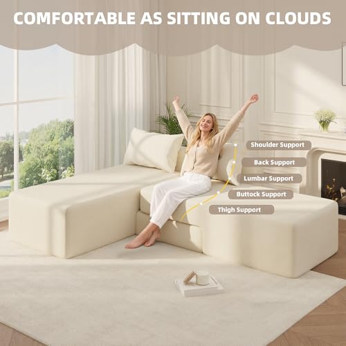 Boneless Sectional Couch, 4 in 1 Convertible Cloud Couch with Reversible Chaise & Deep Seat, Modular Sectional Sofa for Apartment, No Assembly Chenille Foam Couch in a Box, Beige - color: Beige, size: 89" Convertible Chaise Chenille