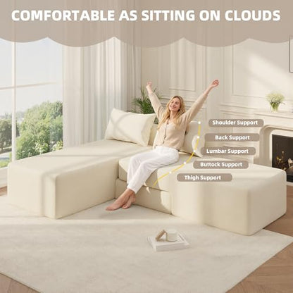 Boneless Sectional Couch, 4 in 1 Convertible Cloud Couch with Reversible Chaise & Deep Seat, Modular Sectional Sofa for Apartment, No Assembly Chenille Foam Couch in a Box, Beige - color: Beige, size: 89" Convertible Chaise Chenille