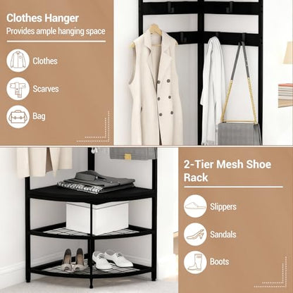 Black Freestanding Corner Coat Rack, Multi-use Metal Hall Tree with Mesh Storage Shelf, Anti-toppling Stable Clothes & Shoe Organizer for Entryway Bedroom Home Decor
