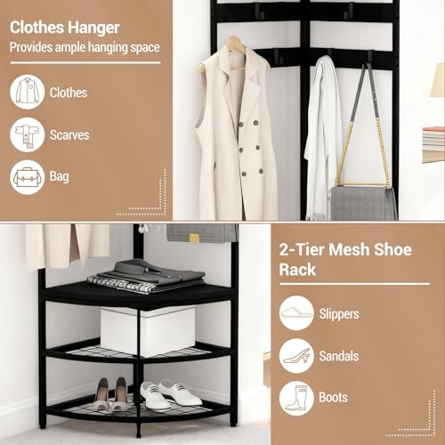 GarveeHome Corner Coat Rack, Coat Rack with 4 Shelves, Shoe and Coats Racks for Entryway, Heavy Duty Coats Racks with 6 Movable Hooks, Entryway Hall Tree for Hallway Bedroom and Office Black