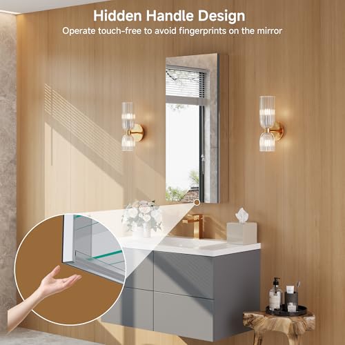 16" x 36" Bathroom Medicine Cabinet with Mirror, Recessed or Wall Mount | Medicine Cabinets with Adjustable Glass Shelves, Soft-Closed Hinge, Chrome Aluminum Frame, Reverse Installation - size: 16" x 36"