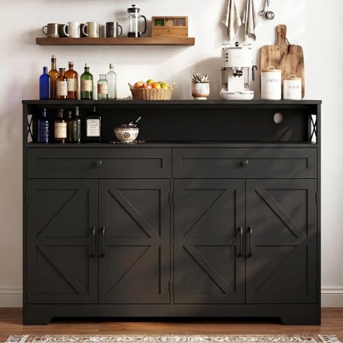 Lahomie 47" Sideboard Buffet Storage Cabinet, Coffee Bar Cabinet,Dark Brown | Coffee Bar Station with Power Outlet, Farmhouse Sideboard with 2 Drawers Adjustable Shelves Open Shelf, Kitchen, Living Room - color: Dark Brown, size: 47"W