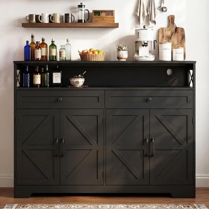 Lahomie 47" Sideboard Buffet Storage Cabinet, Coffee Bar Cabinet,Dark Brown | Coffee Bar Station with Power Outlet, Farmhouse Sideboard with 2 Drawers Adjustable Shelves Open Shelf, Kitchen, Living Room - color: Dark Brown, size: 47"W