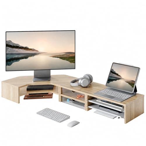 Fenge Dual Monitor Stand, Corner Desk Shelf with Drawer & Slide-Out Tray | Modular Design for Flexible Layouts, 2-Tier Storage Desktop Organizer for Computer, Laptop, Printer and Telephone - color: Oak