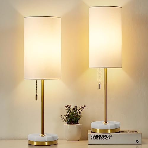 Desk Lamp & Table Lamp Set of 2, Bedside Lamps for Night Stands - Modern Small Table Lamps with Marble Base, Fabric Shade, Mini Pull Chain Bedroom Lamps for Living Room, Office, Reading (Gold) - color: Gold, White
