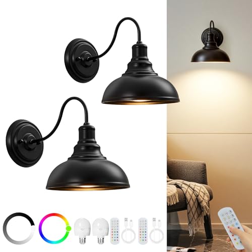 Lightess Black Rechargeable Battery Operated Wall Sconces Set of 2 | Wireless Cordless No Hard Wiring Required Remote Controlled 12 Colors Dimmable Gooseneck For Vintage Bedroom Wall Decor - color: 2 Pack-RGB Battery Bulbs