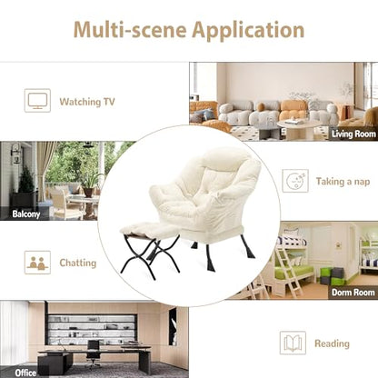 Youtanic Lazy Chair with Folding Ottoman, Accent Chair Plush Upholstered with Metal Structure and Non-Slip Pads, Sofa Armchair with Footrest and Side Storage Bag for Dorm, Room, Office, Beige - color: Plush Beige-f