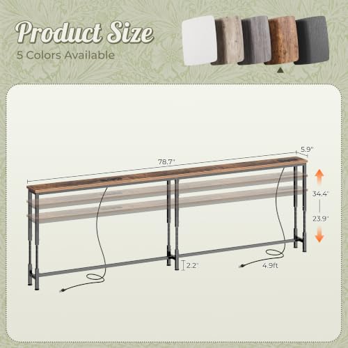 Huuger 78.7 Inch Sofa Table with Power Outlets, 23.9’’-34.4’’ Height Adjustable Range, Behind Couch Table with USB-C Ports, Sofa Tables Narrow Long, Skinny Console Table, Small Spaces, Rustic Brown - color: Rustic Brown, size: 78.7''W x 23.9''-34.4''H