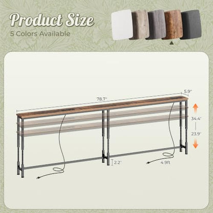 Huuger 78.7 Inch Sofa Table with Power Outlets, 23.9’’-34.4’’ Height Adjustable Range, Behind Couch Table with USB-C Ports, Sofa Tables Narrow Long, Skinny Console Table, Small Spaces, Rustic Brown - color: Rustic Brown, size: 78.7''W x 23.9''-34.4''H