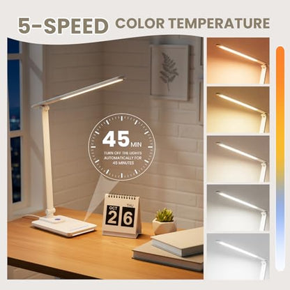 TECHNOVA LED Desk Lamp with 5 Color Temperatures | Sliding Stepless Dimming & One-Touch Timer | Foldable & Portable Design for Office/Study/Nail Art | Four-Axis Rotation for Small Desks