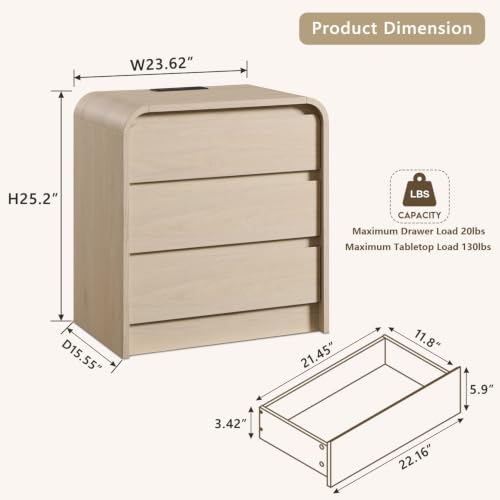 Aitjunz 25" Tall Modern Nightstand with Charging Station, 3 Drawers, Cream | 23.6'' Wide Wood Bedside Table with Curved Profile Design, Large Mid Century End Table for Living Room, Bedroom - color: Cream