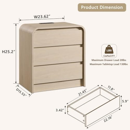 Aitjunz 25" Tall Modern Nightstand with Charging Station, 3 Drawers, Cream | 23.6'' Wide Wood Bedside Table with Curved Profile Design, Large Mid Century End Table for Living Room, Bedroom - color: Cream