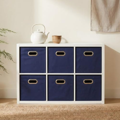 Household Essentials Fabric Storage Bins 6 Piece Set, Strong Poly-Woven Fabric, Sturdy Chipboard Sides, Grommet Front Handle, Stackable and Foldable, Classic Design, Navy - color: Navy, size: 11” L x 11” W x 11” H