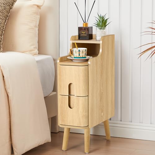 Small Nightstand Set of 2, Wood 2 Drawer Narrow Nightstand, Slim Side Table, Modern Skinny End Bedside Table, Natural Wood Night Stand with Drawers for Bedroom (Natural-2 pcs) - color: Natural-2 Pcs