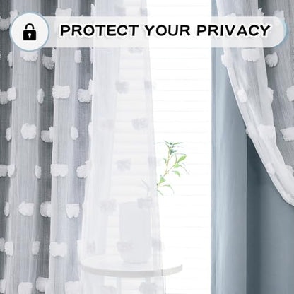 MYSKY HOME Dusty Blue Curtains for Bedroom & Kids Room - 54 Inch Long, Double Layer, White Pom Pom, Sheer, Grommet, Darkening, Small Window, 2 Panels, 52 x 54 in - color: Dusty Blue, size: 52"W x 54"L (Pack of 2)