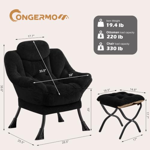 Lazy Chair with Folding Ottoman,Leisure Sofa Chair,Soft Fabric Armchair with Armrests and Side Pockets, Reading Chair with Footrest for Living Room, Bedroom, Office (Plush Black) - color: Plush Black