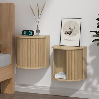 Floating Nightstand Set of 2 with Sliding Roller Shutter Doors,Wood | Set of 2 Floating Nightstands,Smooth Sliding Roller Shutters Hide Clutter.Curved Rounded Edges,Space-saving. - color: Floating Nightstand-oak