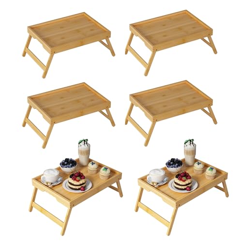 Youpehom Bamboo Bed Tray Tables with Folding Legs, Handles, 6-Pack | Set of 6 bamboo bed trays with folding legs and carry handles for meals, laptops, reading and everyday serving. - color: Bamboo