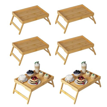 Youpehom Bamboo Bed Tray Tables with Folding Legs, Handles, 6-Pack | Set of 6 bamboo bed trays with folding legs and carry handles for meals, laptops, reading and everyday serving. - color: Bamboo