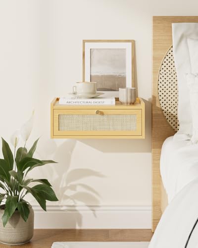 Floating Nightstand,Wall Mounted Night Stand with Drawer,Small Floating Shelves,Floating Wood Bedside Table for Bedroom、Living Room、Bathroom - color: Yellow, style: Bohemian