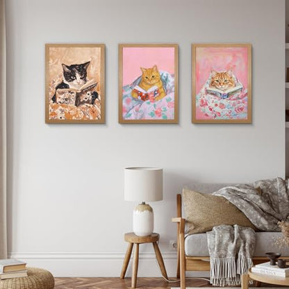 OVQJZIS 3 Piece Cozy Cats Reading Books Oil Painting, Natural Oak Wood Grain Gallery Frame, Whimsical Kitten Wall Art for Bedroom & Reading Nook, Each piece12 x 16 inches - color: Whimsical Kitten