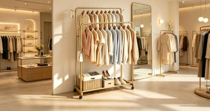 AT-VALY Double Rods Clothes Rack, Sturdy Metal Garment Rack with Wheels, Portable Wardrobe Rack with Bottom Shelf & Side Hooks, Heavy Duty Coat Hanger Stand for Bedroom, Laundry, Living Room,Gold