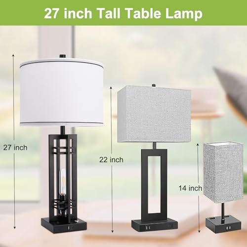 Set of 2 Farmhouse Table Lamps for Living Room,27-inch Bedside Lamps | White Shade Desk Lamps with USB A+C Ports, 3-Level Dimmable Touch Light, 4 LED Bulbs Included, Bedroom Home Office Nightstand - color: White