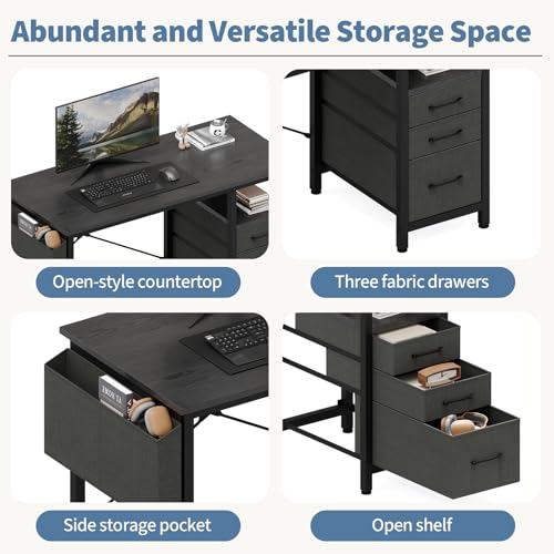 DUMOS 39 Inch Small Computer Desk with Storage, Fabric Drawers | Writing Table, Side Pocket, Space Saving Workstation, Home Office, Gaming Setup, Dorm Apartment, Black