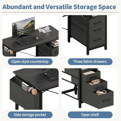 DUMOS 39 Inch Small Computer Desk with Storage, Fabric Drawers | Writing Table, Side Pocket, Space Saving Workstation, Home Office, Gaming Setup, Dorm Apartment, Black