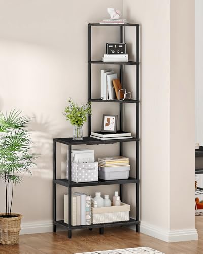 6-Tier Corner Shelf, Industrial Corner Bookshelf with Desk Top, Diamond-Shaped Storage Shelves, Display Stand for Small Spaces, Living Room, Home Office, Foyer, Black TCJ70BB - color: Black