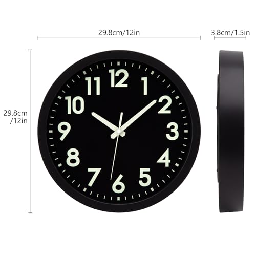 Glow in the Dark Wall Clock with Silent Lumious Night Light 12 in | Wall Clock Battery Operated, Lighted up, Easy to Read, Large Display,Analog Clock, for Bedroom Kitchen Living Room - color: All-black