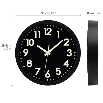 Glow in the Dark Wall Clock with Silent Lumious Night Light 12 in | Wall Clock Battery Operated, Lighted up, Easy to Read, Large Display,Analog Clock, for Bedroom Kitchen Living Room - color: All-black