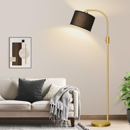 Nintiue Upgraded Modern Arc Dimmable Tall Standing Floor Lamp with Black Shade, 1200 Lumens LED Bulb Included, for Living & Reading Room, Bedroom, Office & Nursery, Gold - color: Gold-Black Shade