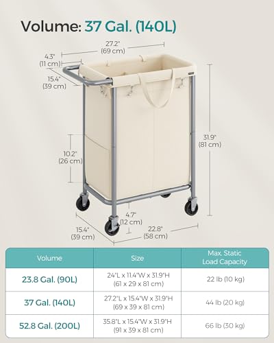 SONGMICS Laundry Basket with Wheels, 2-Section Rolling Laundry Hamper, 37 Gallons (140 L), Removable Liner, Steel Frame with Handle, 27.2 x 15.4 x 31.9 Inches, Cream White URLS004W01 - color: Cream White, size: 140 L (2-Section)