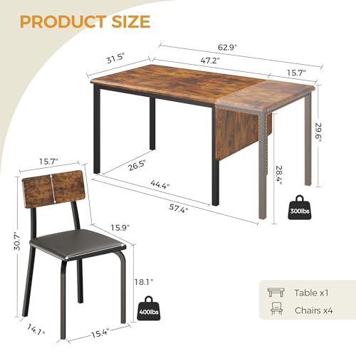 IRONCK 5-Piece Extendable Dining Table Set, 63" Kitchen Table with 4 Chairs | Space-saving Dining Table Set with Extendable Drop Leaf Design, MDF Top and 4 Upholstered Chairs for Kitchen or Dining Room