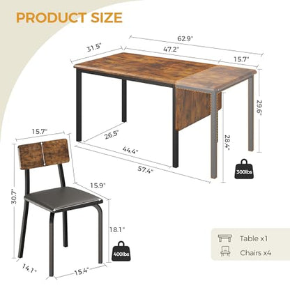IRONCK 5-Piece Extendable Dining Table Set, 63" Kitchen Table with 4 Chairs | Space-saving Dining Table Set with Extendable Drop Leaf Design, MDF Top and 4 Upholstered Chairs for Kitchen or Dining Room
