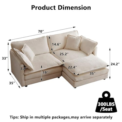 Aoowow Modular Sectional Sofa Modern Convertible Loveseat Couch,77.16 Inch Deep 2-Seater Sofas Comfy Chenille Cloud Sofas and Couches Set with Movable Ottoman for Living Room Apartment（Light Coffee） - color: Light Coffee, size: 2 Seat + Ottoman