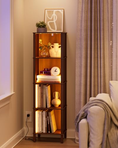 Book Shelf with LED Lights, Modern 4-Tier Bookcase, Open Storage Bookshelf, 11 × 14.2 × 50.4 Inches, Small Narrow Bookshelves for Living Room, Home Office, Bedroom, Walnut - color: Walnut