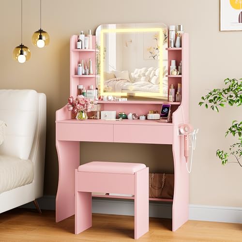 wanan Vanity Desk with Mirror and Lights, Makeup Vanity with 3 Color Adjustable Brightness, 2 Large Drawers and Open Storage Shelves, Dressing Table with Chair and Power Strip for Girls Bedroom, Pink - color: Pink